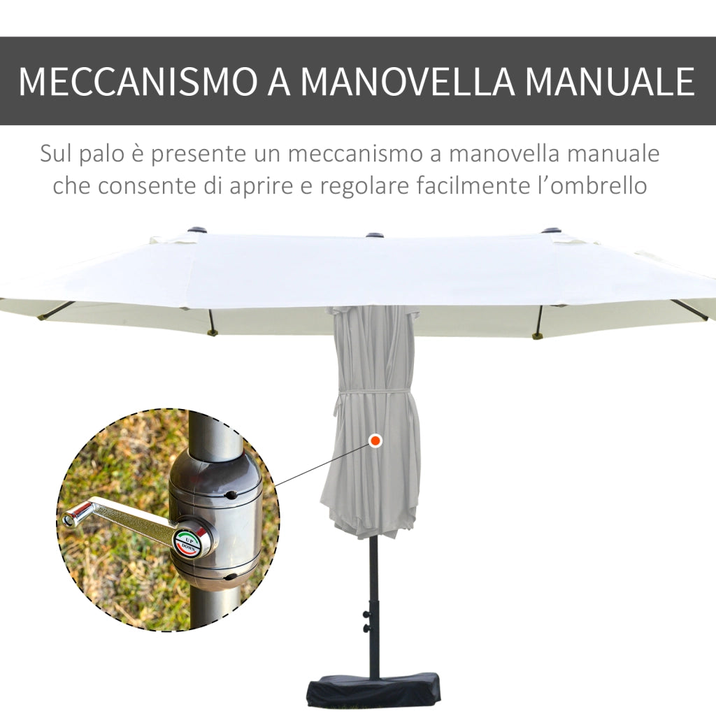 Ombrellone Doppio a 12 Stecche con Base a Croce e Manovella, in Acciaio e Poliestere, 455x265x238 cm, Beige