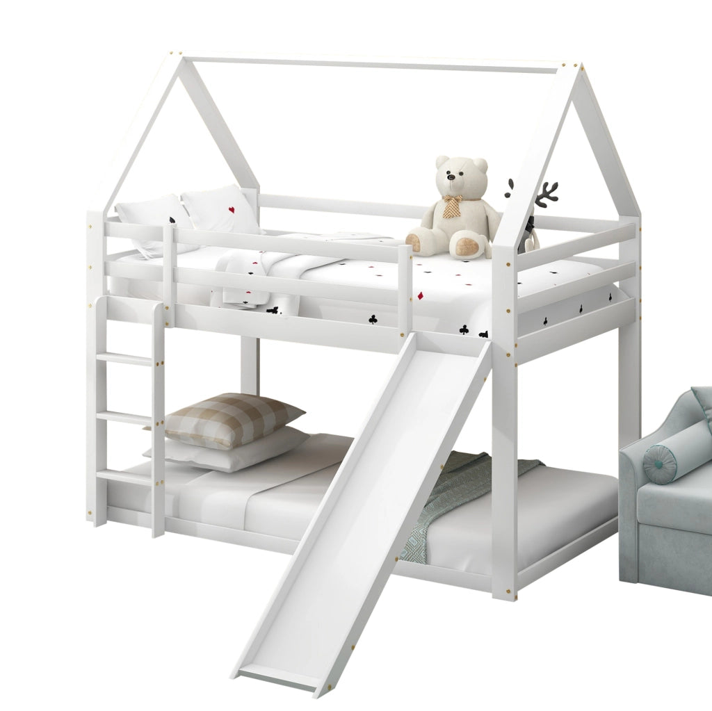 Letto a castello a casetta 90x200 cm con scivolo bianco