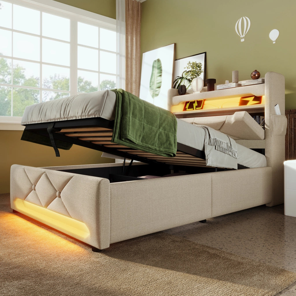 LETTO singolo 90x200 cm con LED 360°, testiera con USB e Type-C, lino beige