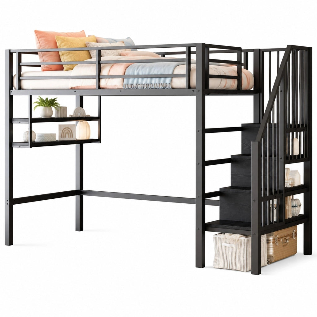 Letto a soppalco per bambini 90x200 cm nero con scaffali