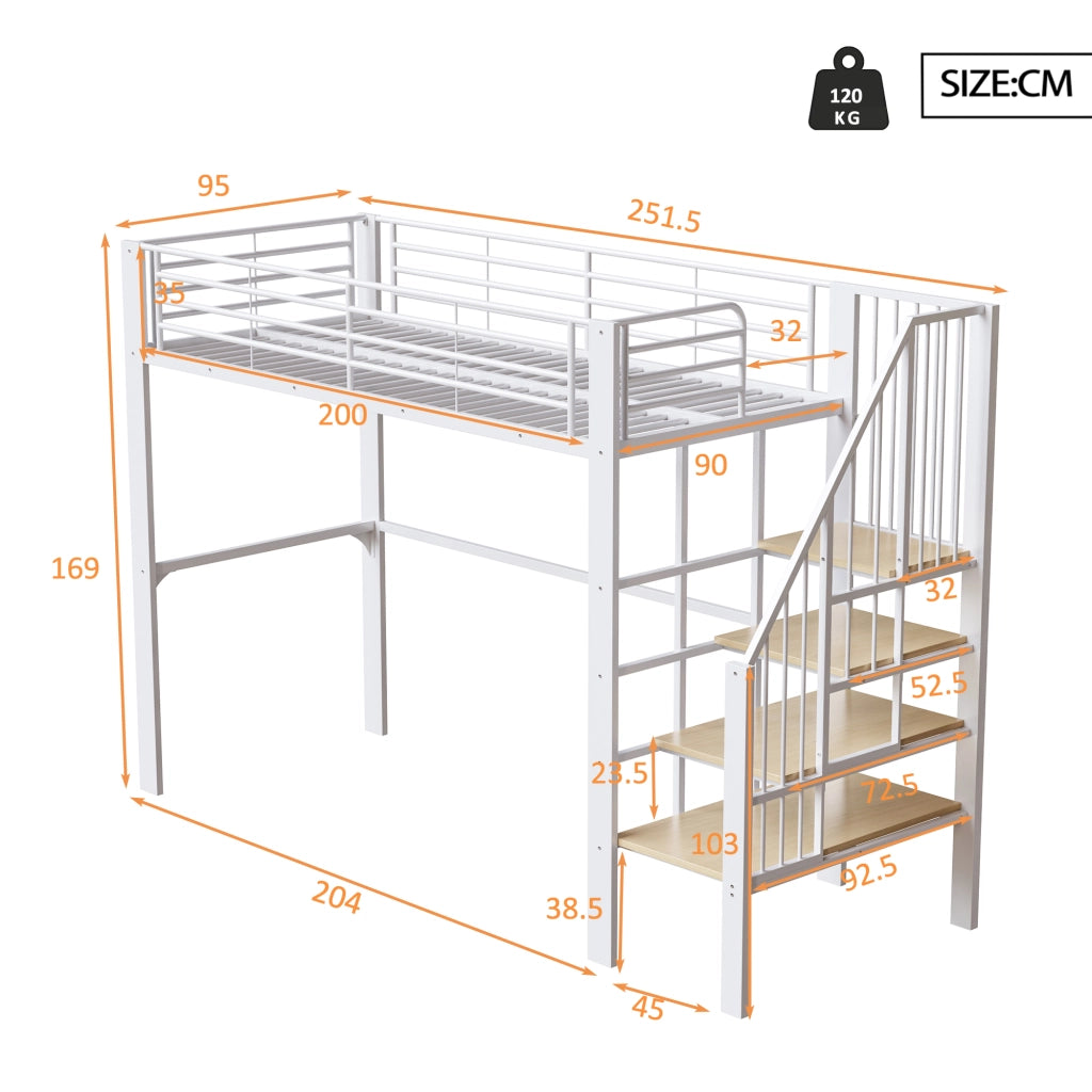 DESMIU Letto a soppalco letto singolo 90 × 200 cm 1 posto con scala e vano contenitore, senza materasso, bianco