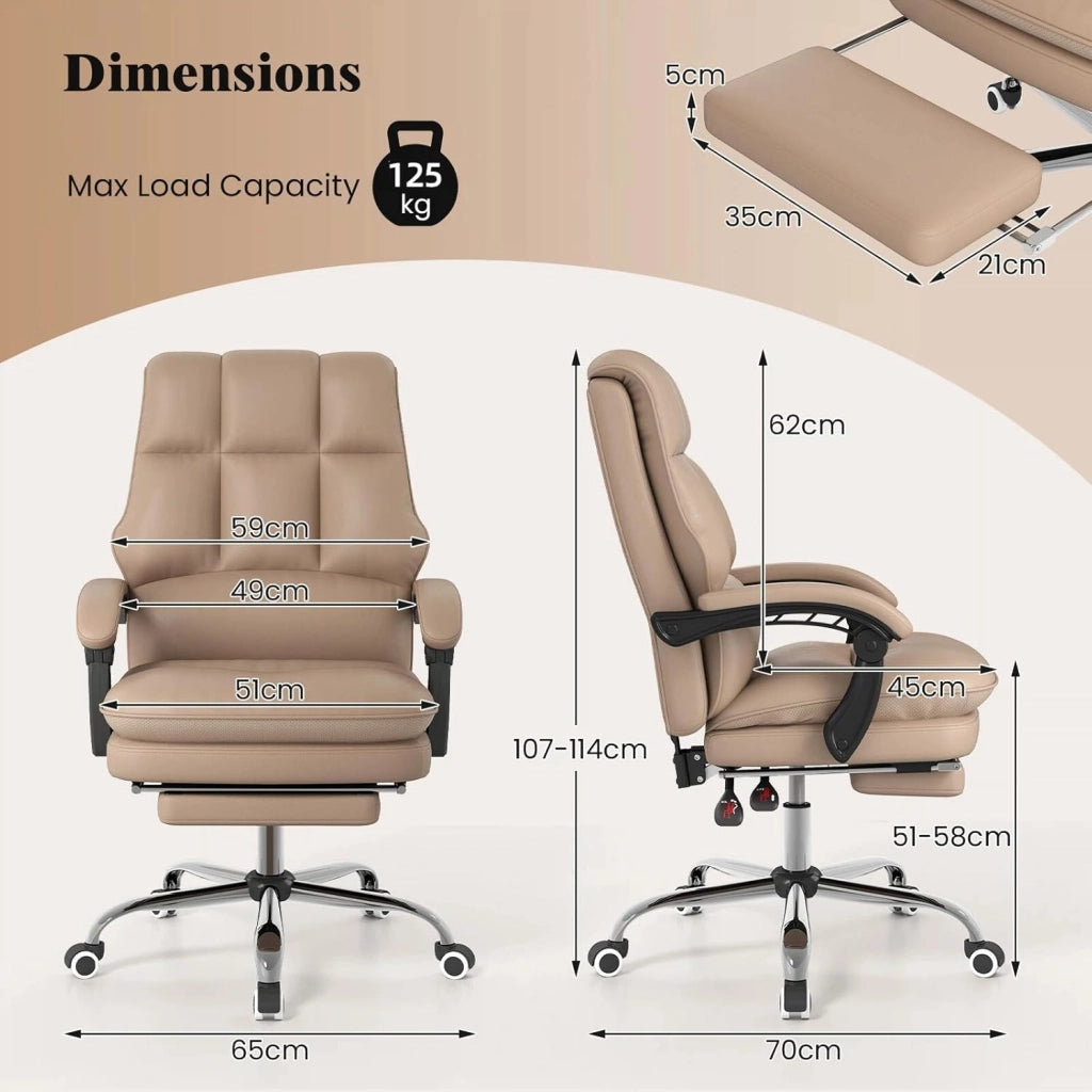 Sedia da Ufficio con Poggiapiedi Retrattile, Schienale Reclinabile a 155°, Braccioli e Sedile Regolabili, Sedile Girevole a 360°, 5 Ruote, Sedia Comoda per Lavoro, Studio, Gioco