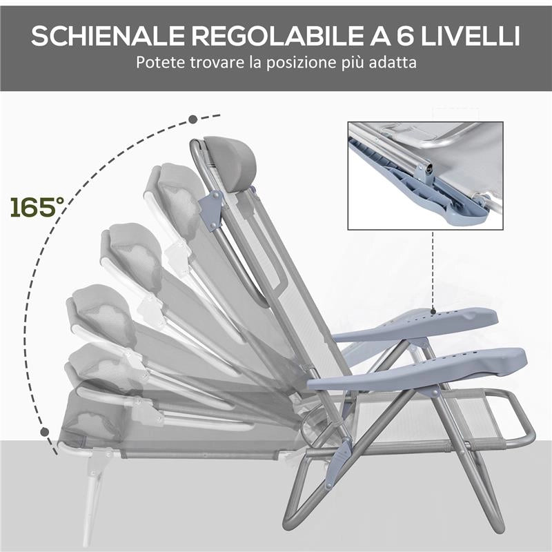 SET 2 SEDIE DA CAMPEGGIO PIEGHEVOLI E RECLINABILI SU 6 LIVELLI IN ALLUMINIO E SCHIUMA 62X65X80 CM GRIGIO CHIARO