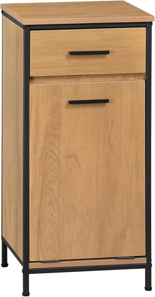 Mobile da Bagno Con Cassetto e Sacco per la Biancheria, Struttura in Metallo e MDF, Rovere Chiaro + Nero, 38x34x80 cm