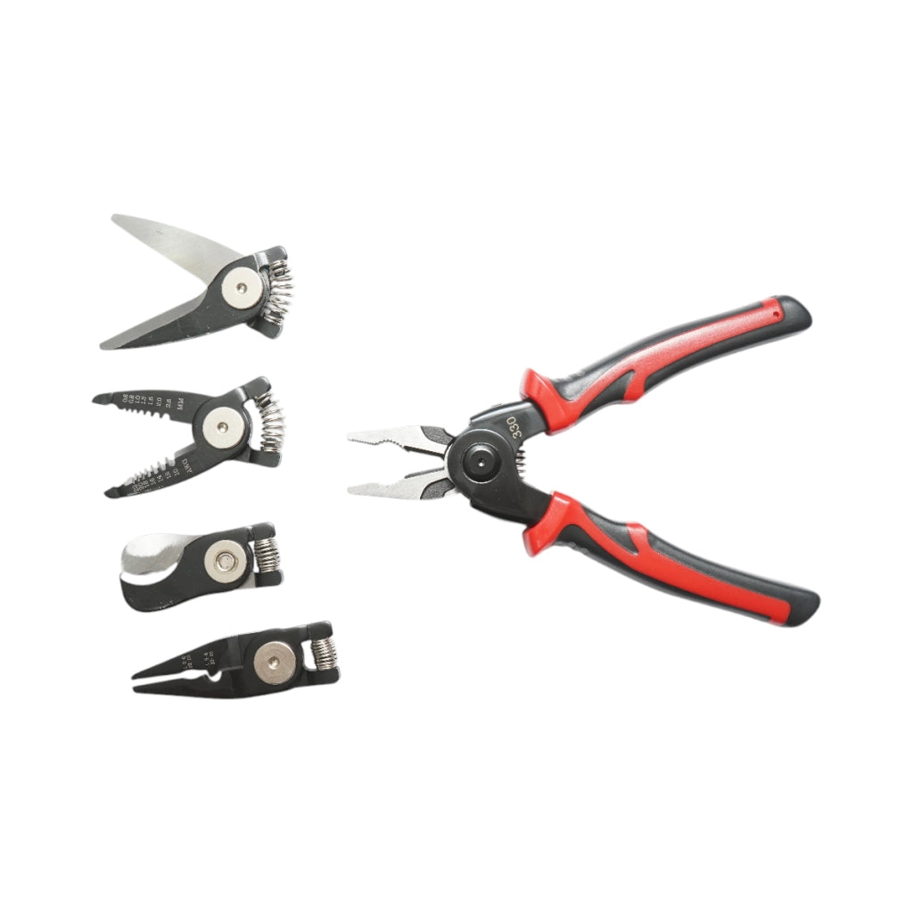 Set multifunzione 5 in 1 con forbici, pinze brevettate, taglierina, crimpatrice e spelafili.