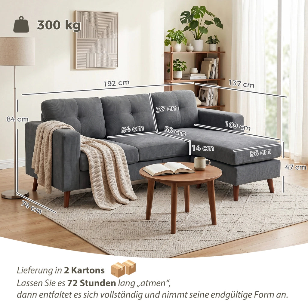 Divano angolare 3 posti con chaise longue reversibile ¨C zephmum ¨C Tessuto corda, grigio scuro, 192 cm