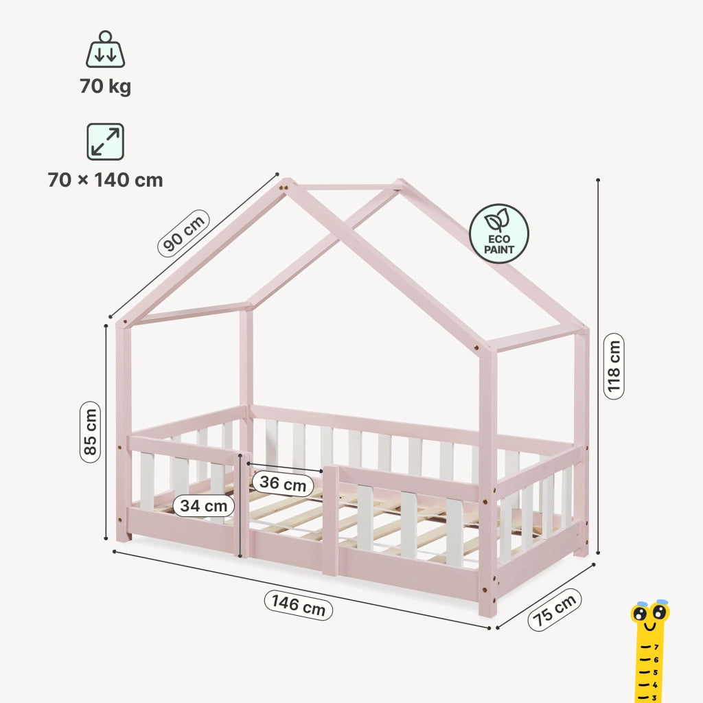 Letto per Cameretta Treviolo a Forma di Casetta in Stile Montessori con Materasso 70x140 cm - Rosa/Bianco [en.casa]