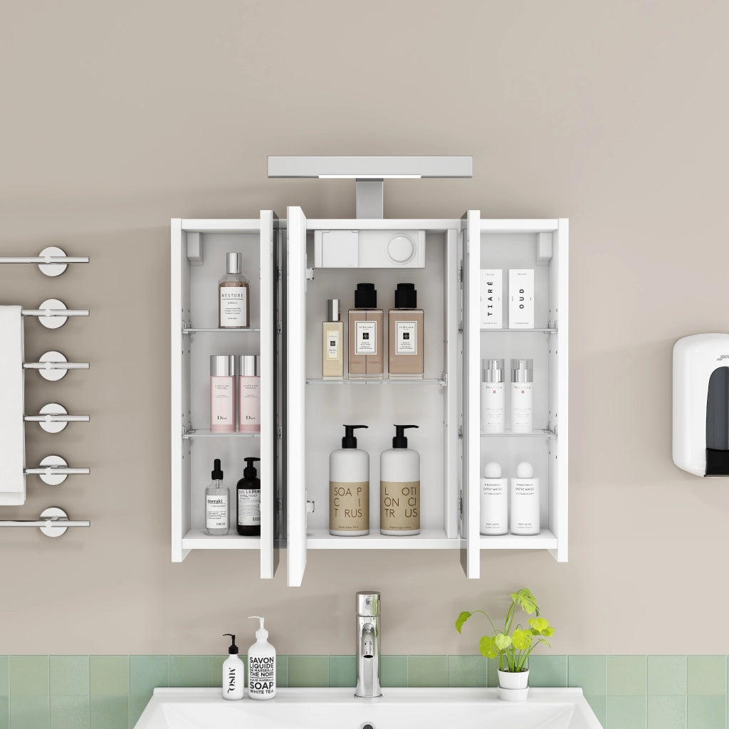 Mobile con specchio - con 3 ante; LED e presa - per bagno - bianco