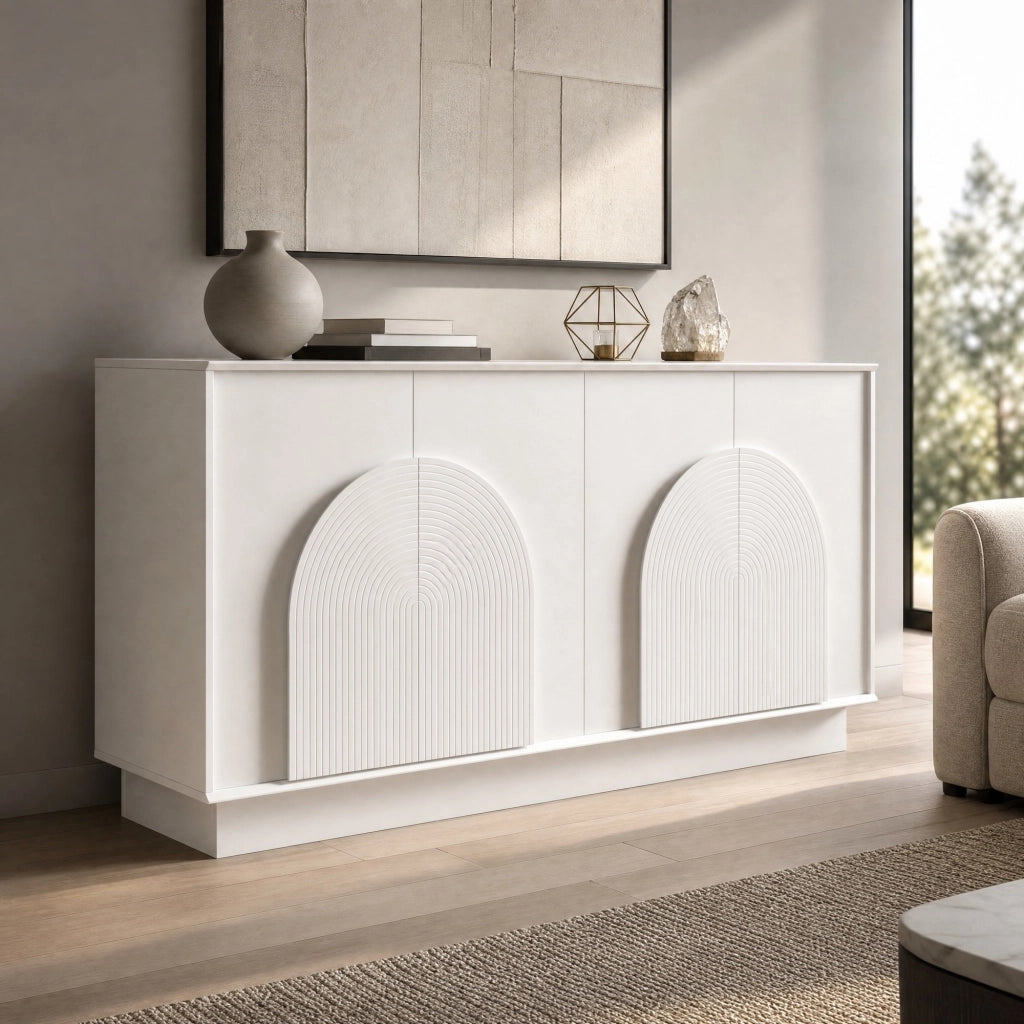 Credenza moderna bianca a 4 ante con pannelli curvi e ampio spazio per organizzare la casa