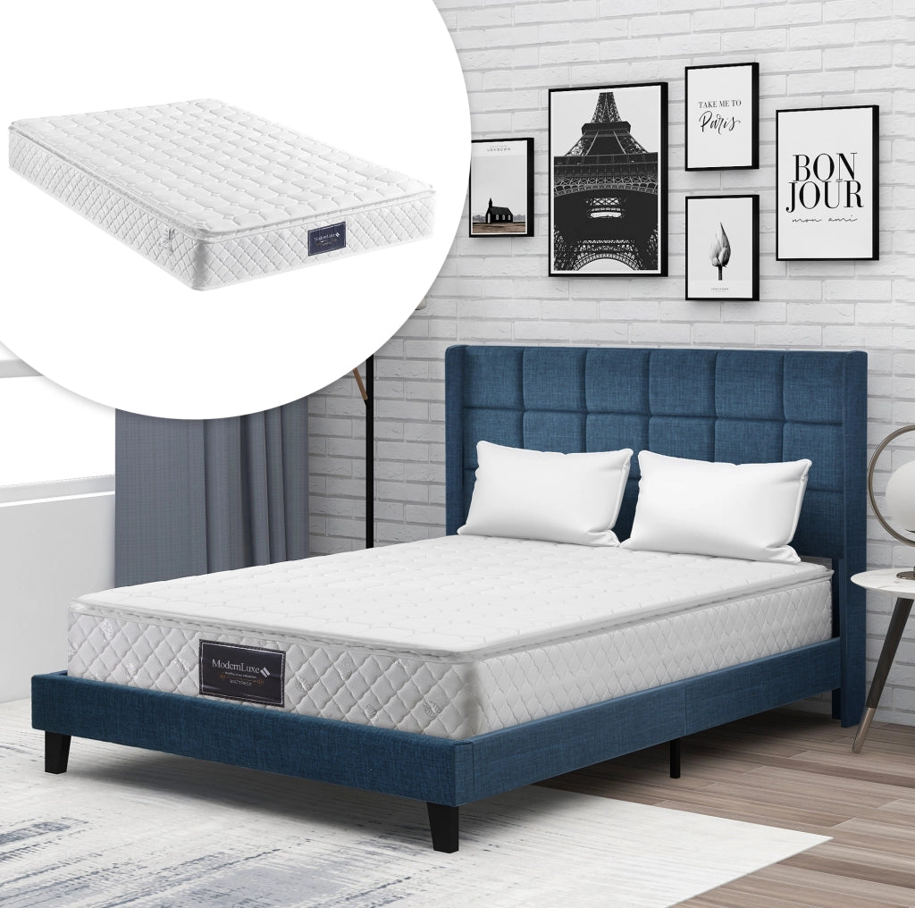 Letto imbottito con testiera; rete a doghe; 140x200 cm; lino blu