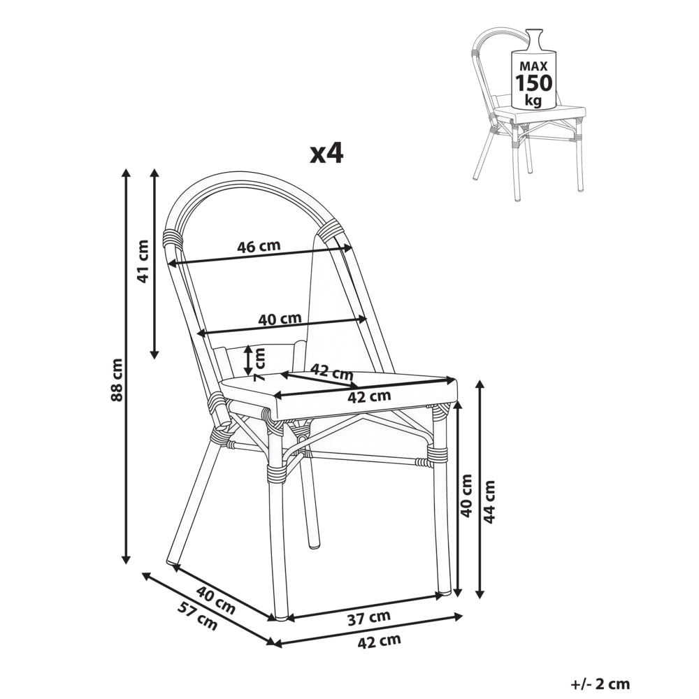 Set di 4 sedie da giardino in rattan PE grigio con seduta in vimini e struttura in alluminio per interni ed esterni