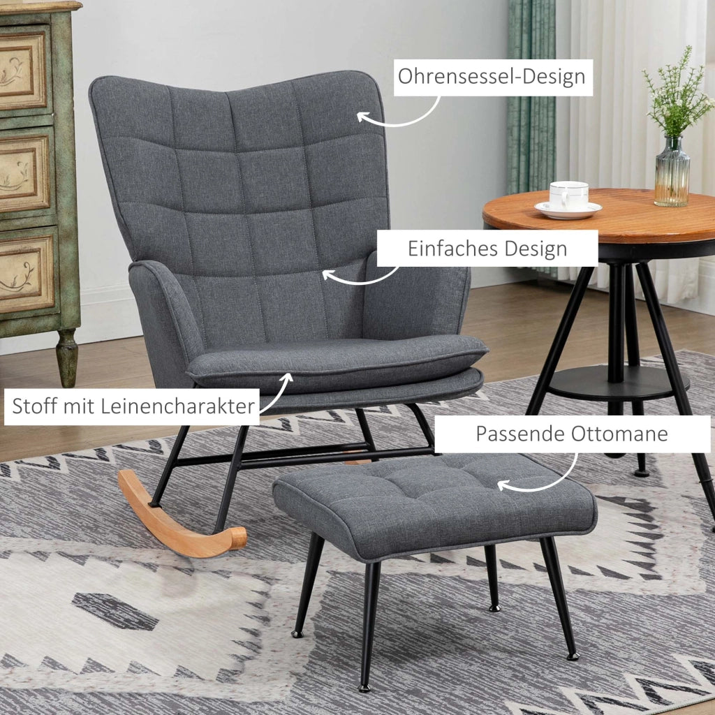 Poltrona a dondolo con pouf, schienale alto imbottito e braccioli, base in legno di faggio, in poliestere grigio 64 × 89 × 90 cm