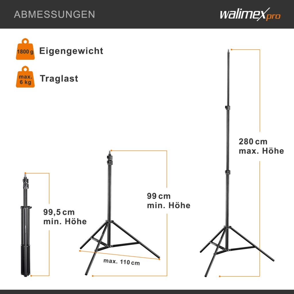 Stativo per luci AIR 280 FW-806, in alluminio, altezza max 280 cm, Cavalletto fotografico max 6 kg per faretti flash foto e video