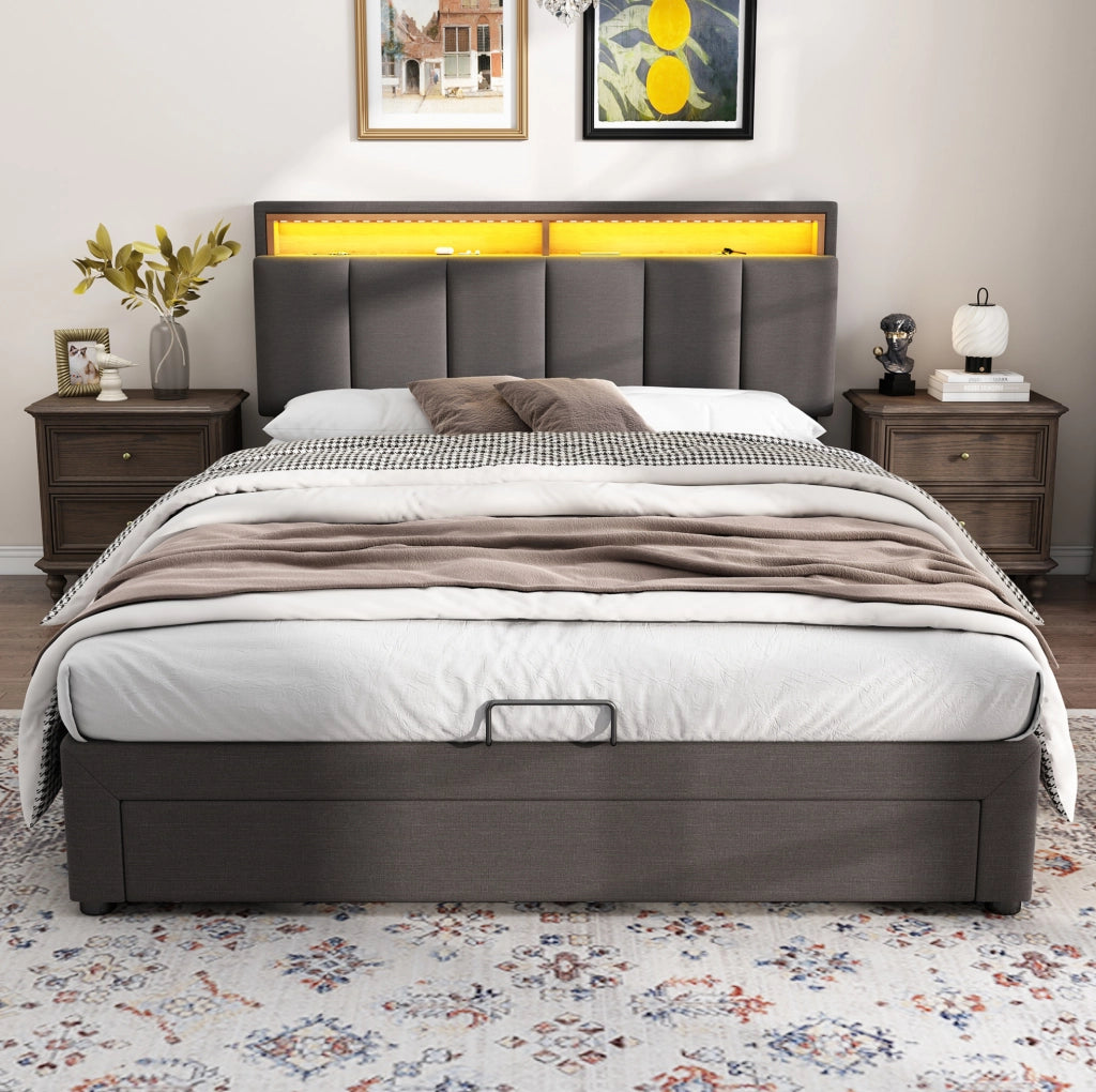 Letto imbottito 140x200 cm grigio con LED e vano contenitore