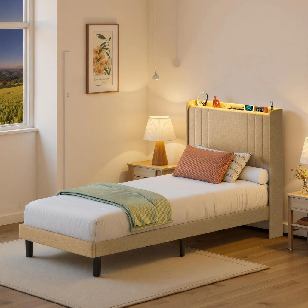 Letto singolo imbottito,PiattaformaStruttura letto,90 x 200CM,con luce LED(2 Prese CA 2 Porte USB),con Testiera,Per le camere degli ospiti e le camere da letto,Beige