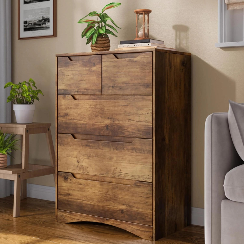 Cassettiera con 5 cassetti, armadio per camera da letto, armadio dipinto, per soggiorno, impermeabile e durevole, 94 x 72 x 41 cm (marrone chiaro)