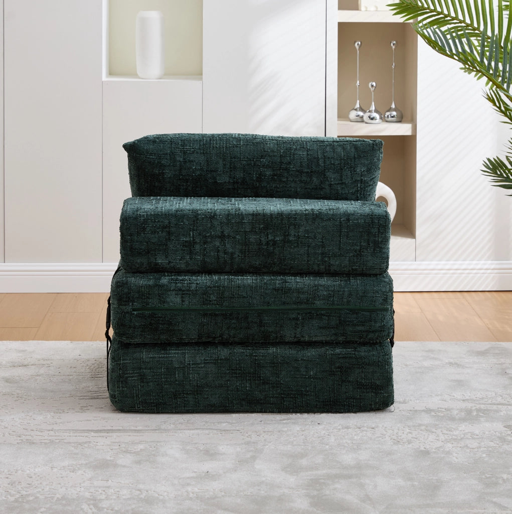 Divano letto pieghevole in ciniglia verde smeraldo con cuscini e imbottitura ad alta densità