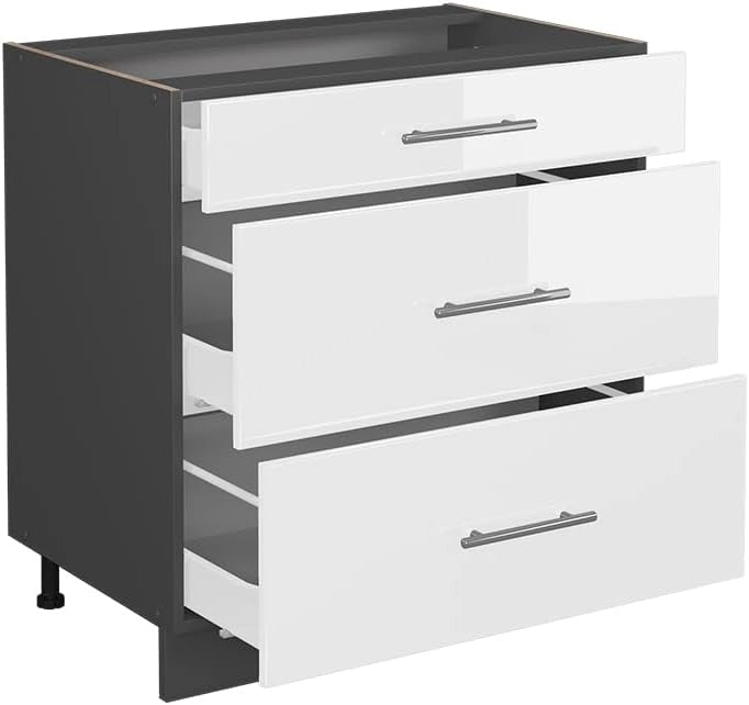 Mobiletto base per cucina Fame-Line, Bianco lucido, 80 cm con 3 cassetti, senza piano di lavoro, per la combinazione con altri moduli della serie Fame-Line