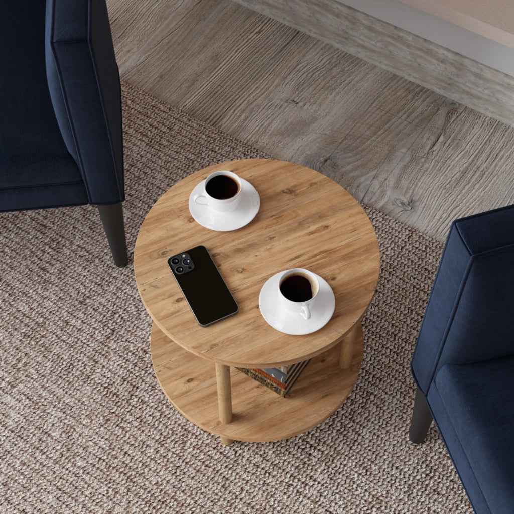 Tavolino Rotondo VES con 2 Piani di Appoggio 49xØ42 cm Effetto Legno [en.casa]