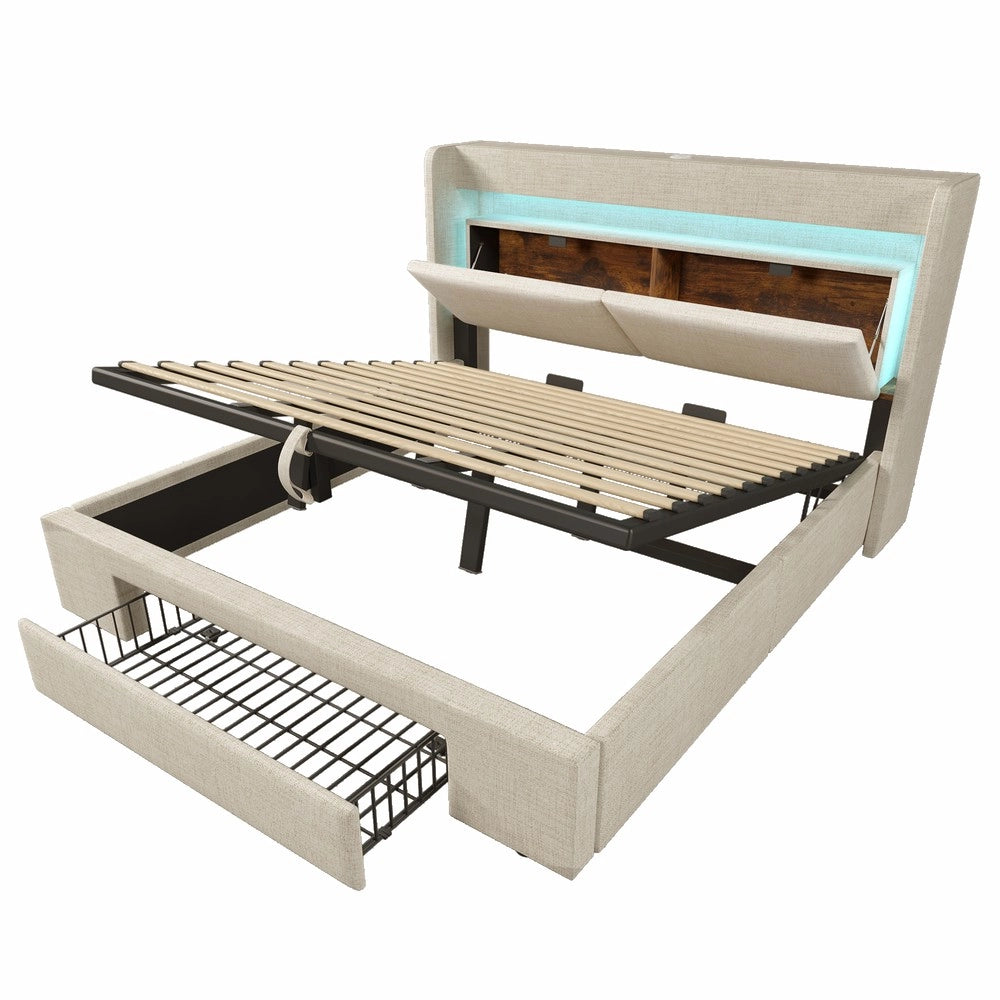 Letto Imbottito Contenitore 180x200 con LED, USB, Testiera e Vano ¨C Xylo ¨C Beige, Tessuto Lino