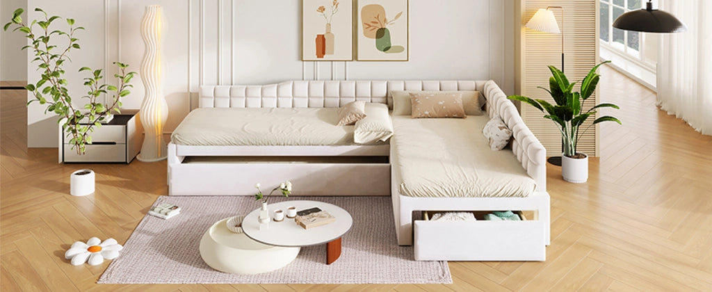 Letto combinato 90 × 200 cm con letto estraibile, 2 cassetti, senza materasso, in flanella beige