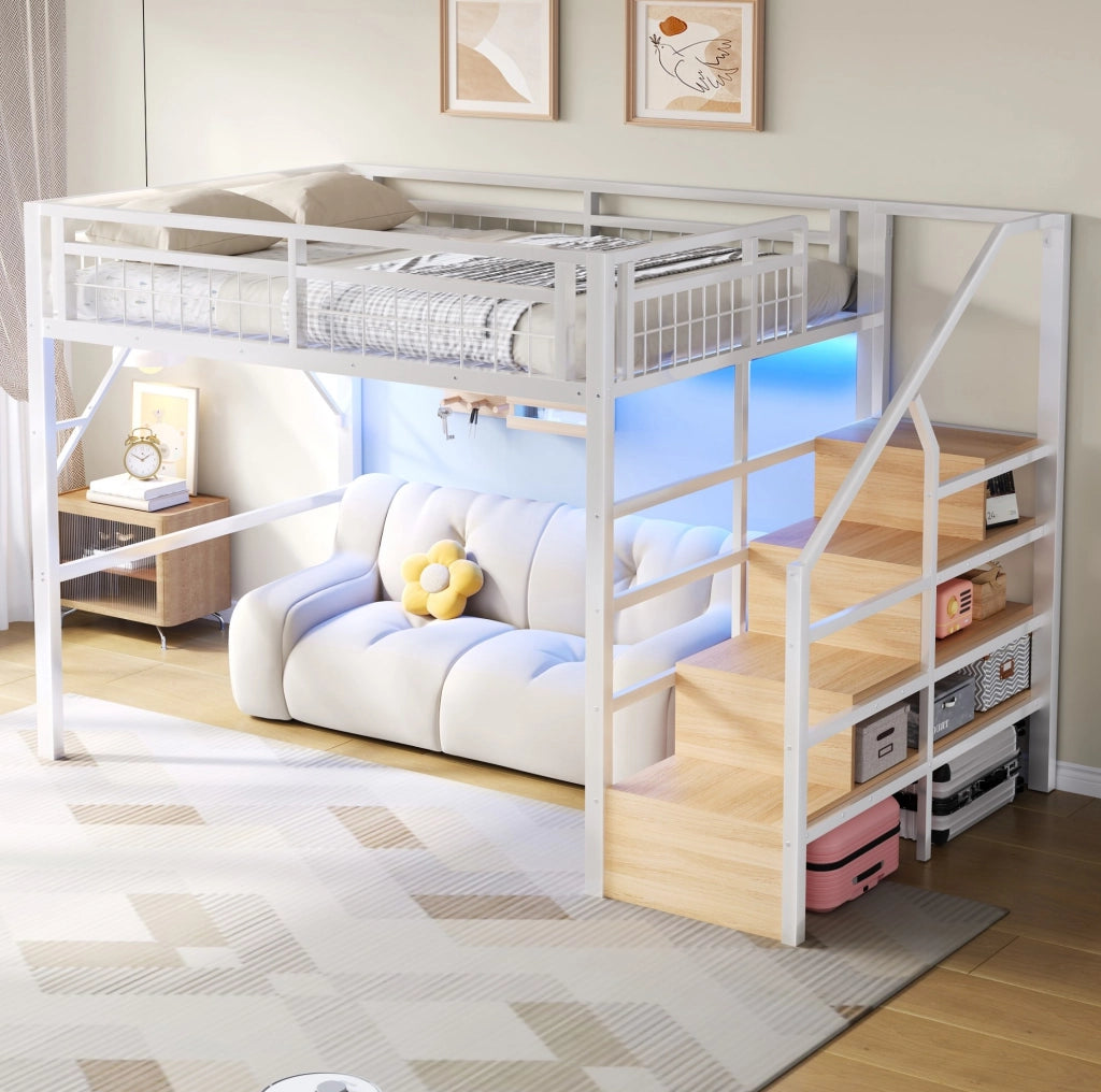 Letto a soppalco 140x200 cm con LED e scale contenitore bianco