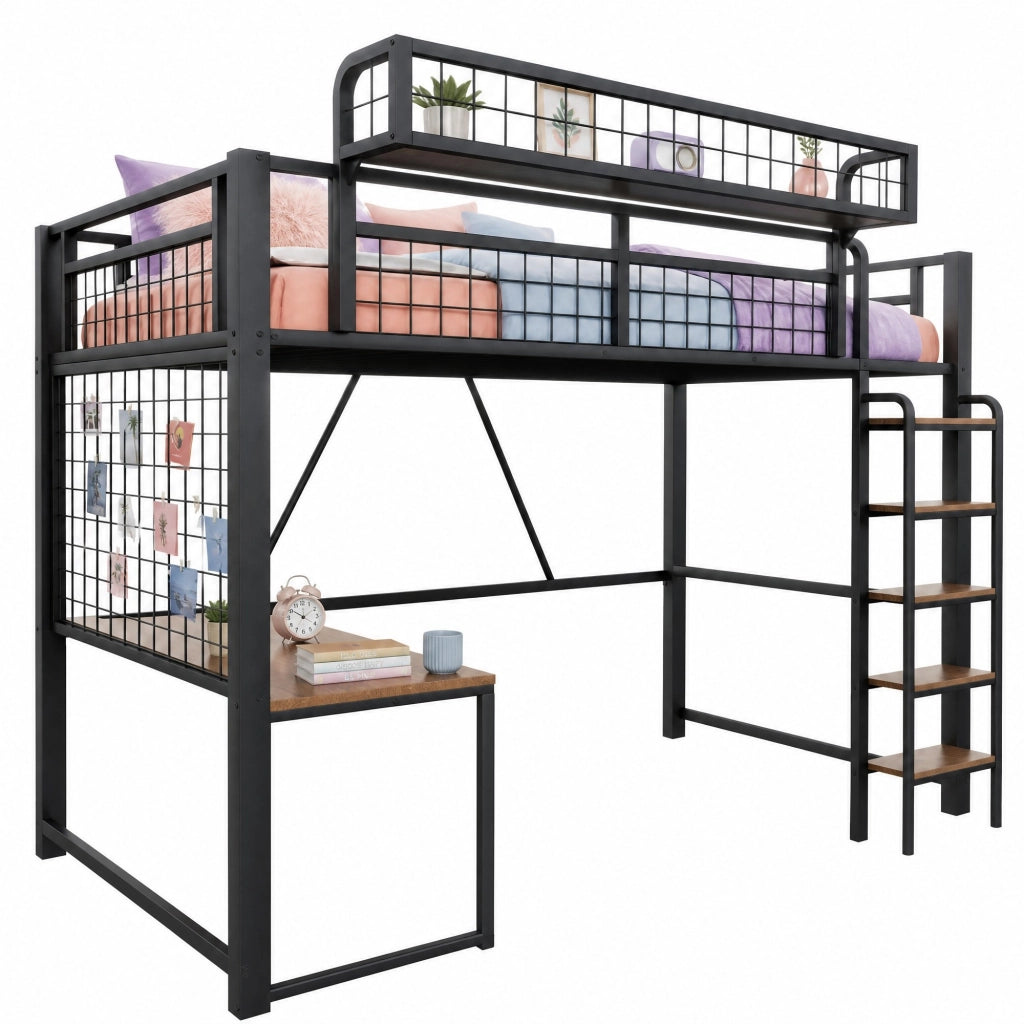 Letto a soppalco in metallo 90x200 cm con scrivania; LED; presa e scala; nero