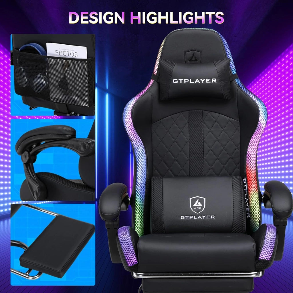 Sedia da gioco, sedia da ufficio, sedia da gioco con altoparlante e barra luminosa, sedia da giocatore, schienale con custodia, sedia ergonomica PC con telecomando