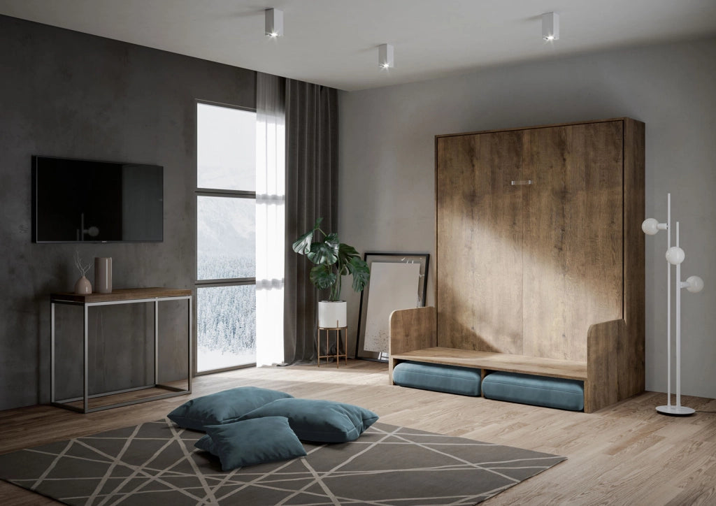 Letto matrimoniale a scomparsa 160 Kentaro con divano noce, azzurro