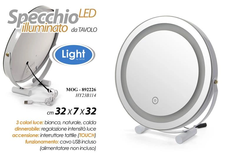 SPECCHIO TONDO TOUCH DA TAVOLO CON ILLUMINAZIONE LED 3 LUCI REGOLABILI, CON CAVO USB DIMENSIONE 32X7X32
