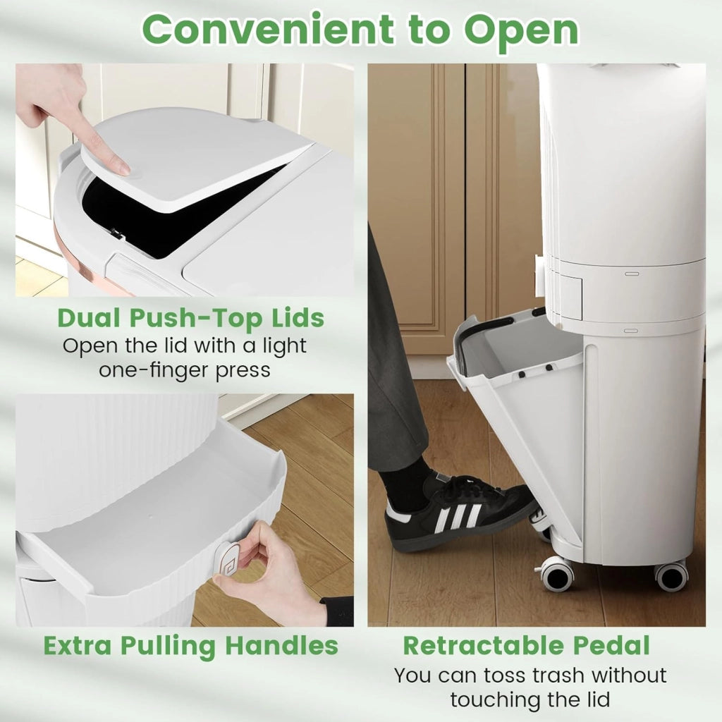Pattumiera da Cucina 42 L, Pattumiera Verticale per il Riciclo con Ruote, 3 Contenitori Rimovibili, 1 Cassetto e Ganci, Contenitore in PP con Coperchi e Pedale, per Ufficio, Bagno (Bianco)
