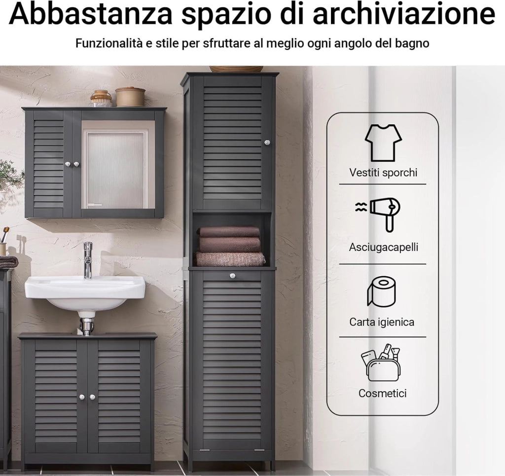 Mobile Bagno Colonna Salvaspazio con Portabiancheria Armadietto Alto e Stretto per Ambienti Compatti, Mobiletto con Ripiani, Mobile Multiuso Grigio 40x170x38 cm BZR124-DG