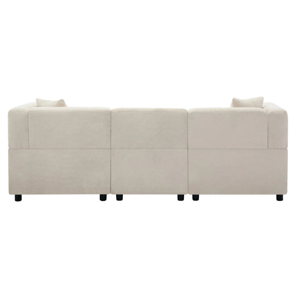 Divano modulare 3 posti ULEVR in ciniglia beige con pouf contenitore e 2 cuscini, 204x126 cm