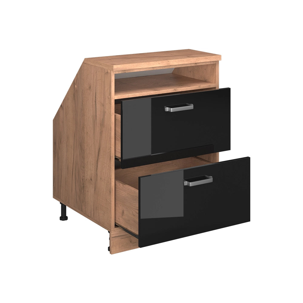 Mobile sottotetto Rion Nero lucido/Rovere dorato 60 x 83.8 cm con 2 cassetti, carcassa 60 cm profondità Vicco