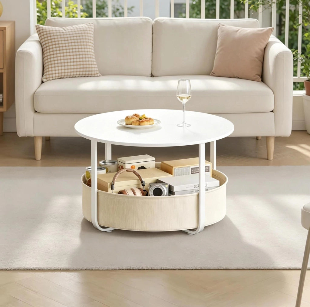 Tavolino rotondo con cestino in canvas Ø 80 cm beige e bianco