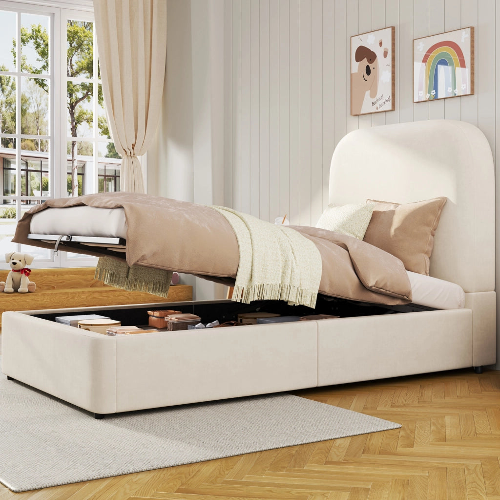 Letto imbottito singolo con contenitore idraulico; testiera imbottita in velluto beige