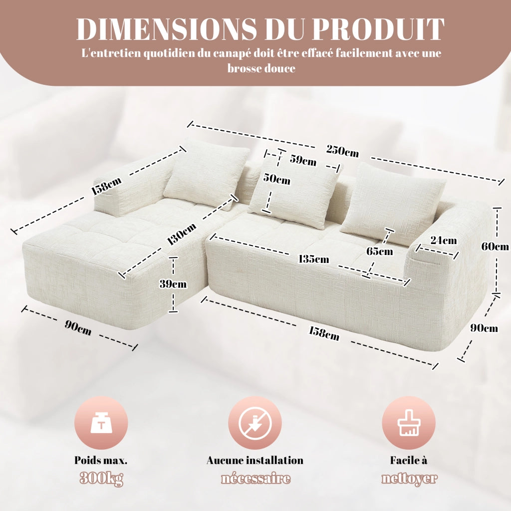 OKWISH Divano Angolare 3 Posti, Composizione Modulare senza Montaggio con Penisola, 3 Cuscini, Ciniglia Beige