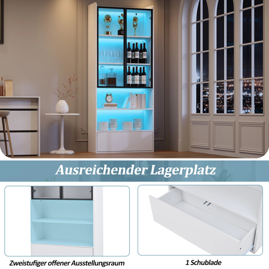 Vetrina alta con led e 1 cassetto con 6 vani e ante in vetro per soggiorno in mdf e vetro bianco 80 × 34 × 180 cm