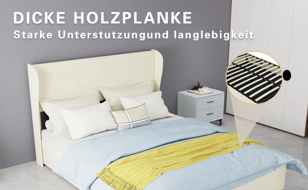 Letto imbottito moderno minimalista 140x200 cm, beige, testiera morbida e confortevole, base rialzata con meccanismo a gas, materasso non incluso