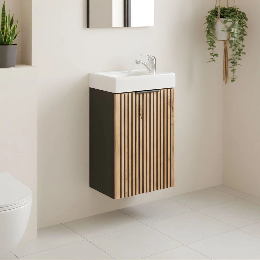 Set KINOKO: mobile sottolavabo con armadietti 40cm + lavabo rettangolare bianco da appoggio
