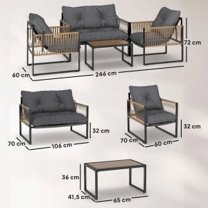Salottino da giardino in rattan 4 pezzi con tavolino in vetro, colore grigio scuro