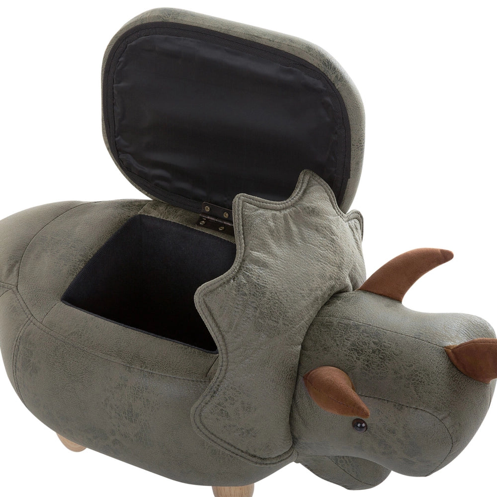 Animale Triceratopo Sgabello per bambini Tessuto in poliestere verde scuro Gambe in legno imbottite contenitore Poggiapiedi