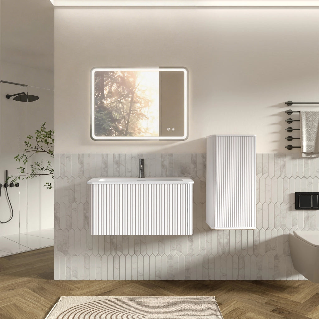 Set mobili da bagno con lavabo e specchio LED, mobile sospeso bianco in MDF