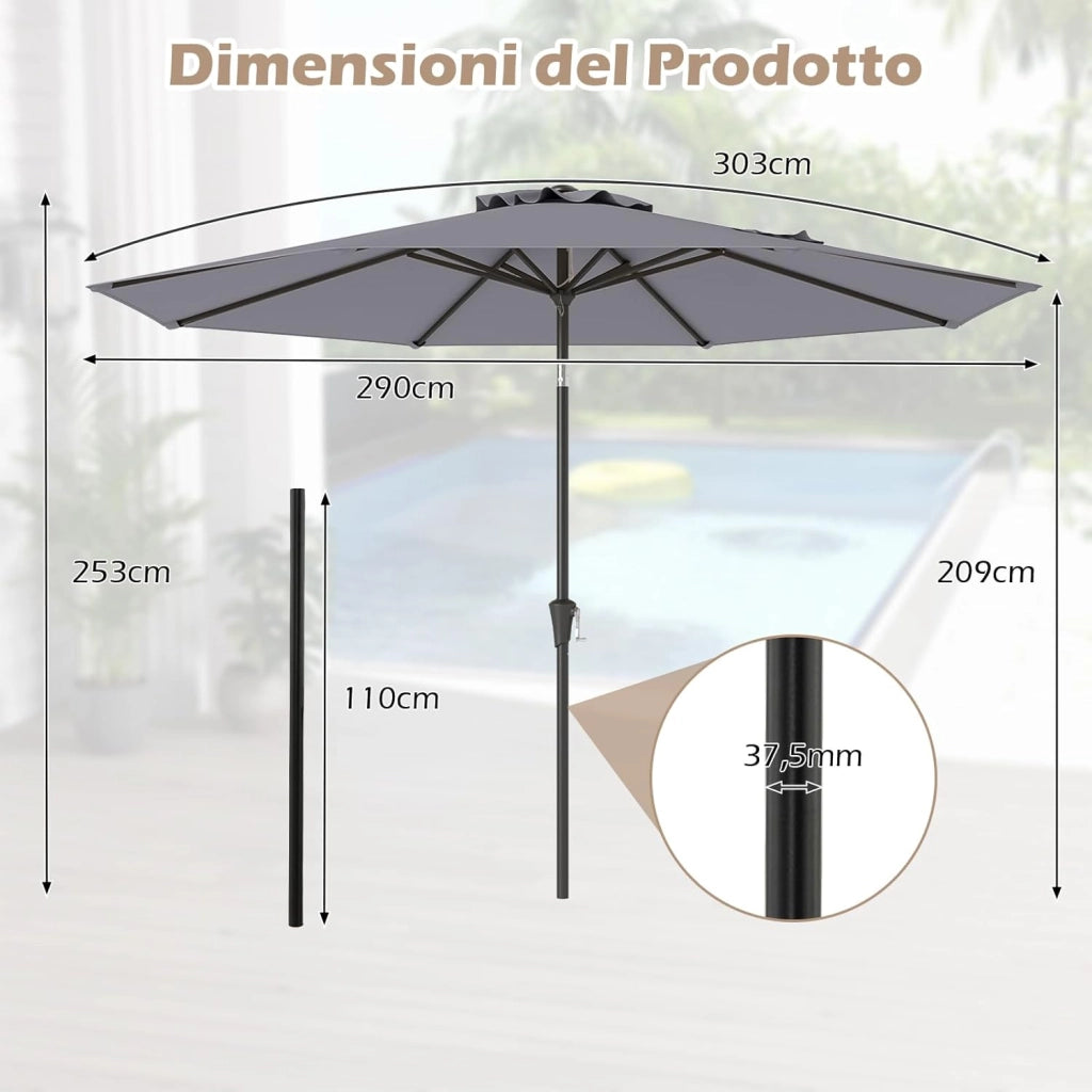 Ombrellone da Giardino, Diametro 3M, Ombrello da Spiaggia con Manovella e Inclinazione Regolabile, Ideale per Spiaggia, Balcone, Giardino (Grigio)