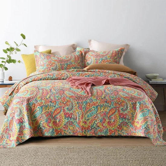 Sprei a quadri - Set di coperte reversibili - 3 pezzi - Disegno Paisley Rhapsody - 100% cotone