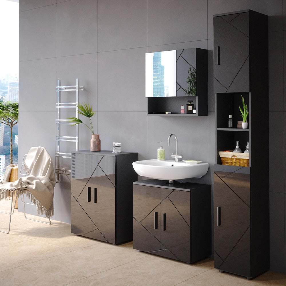 Vicco Set mobili bagno Antracite lucido 4 parti, con armadio alto e cassettiera