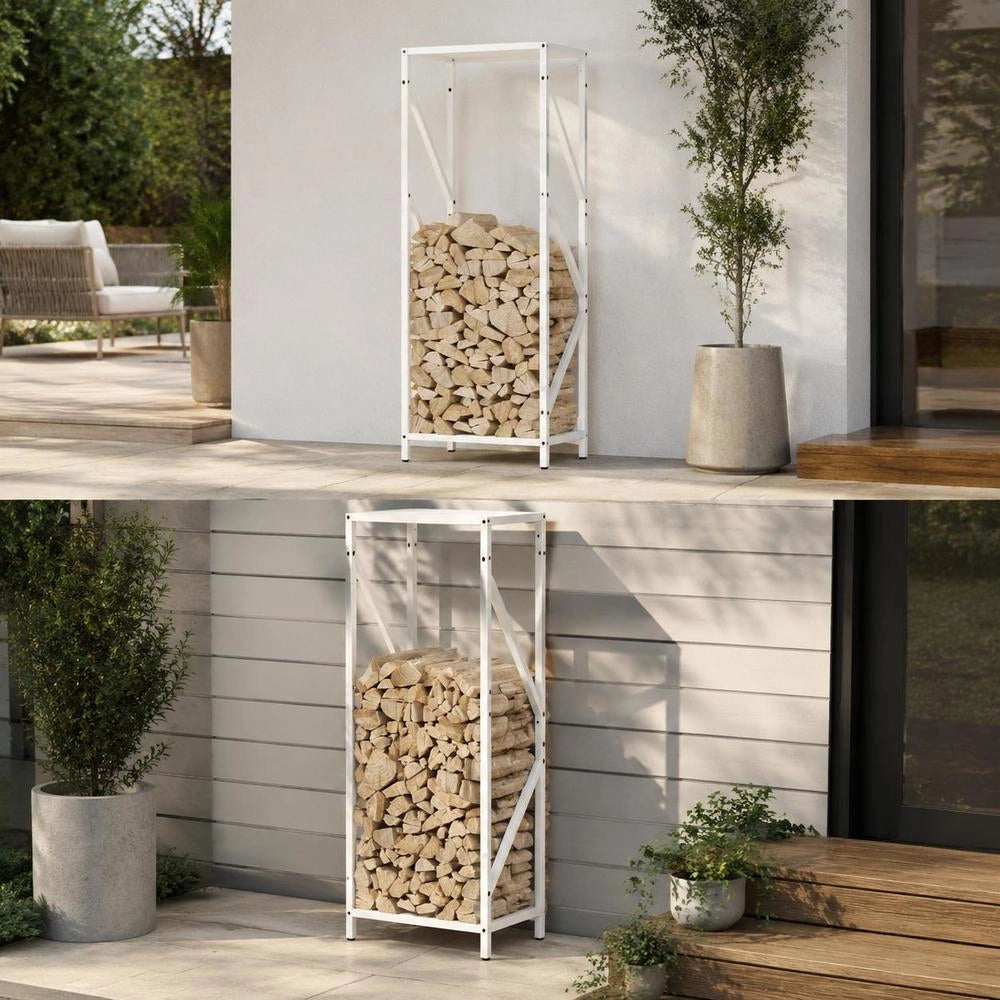 Porta legna bianco, 34x25x100 cm, in acciaio laminato a freddo – robusto e resistente, ideale per esterni, giardino e camino, pratico e durevole