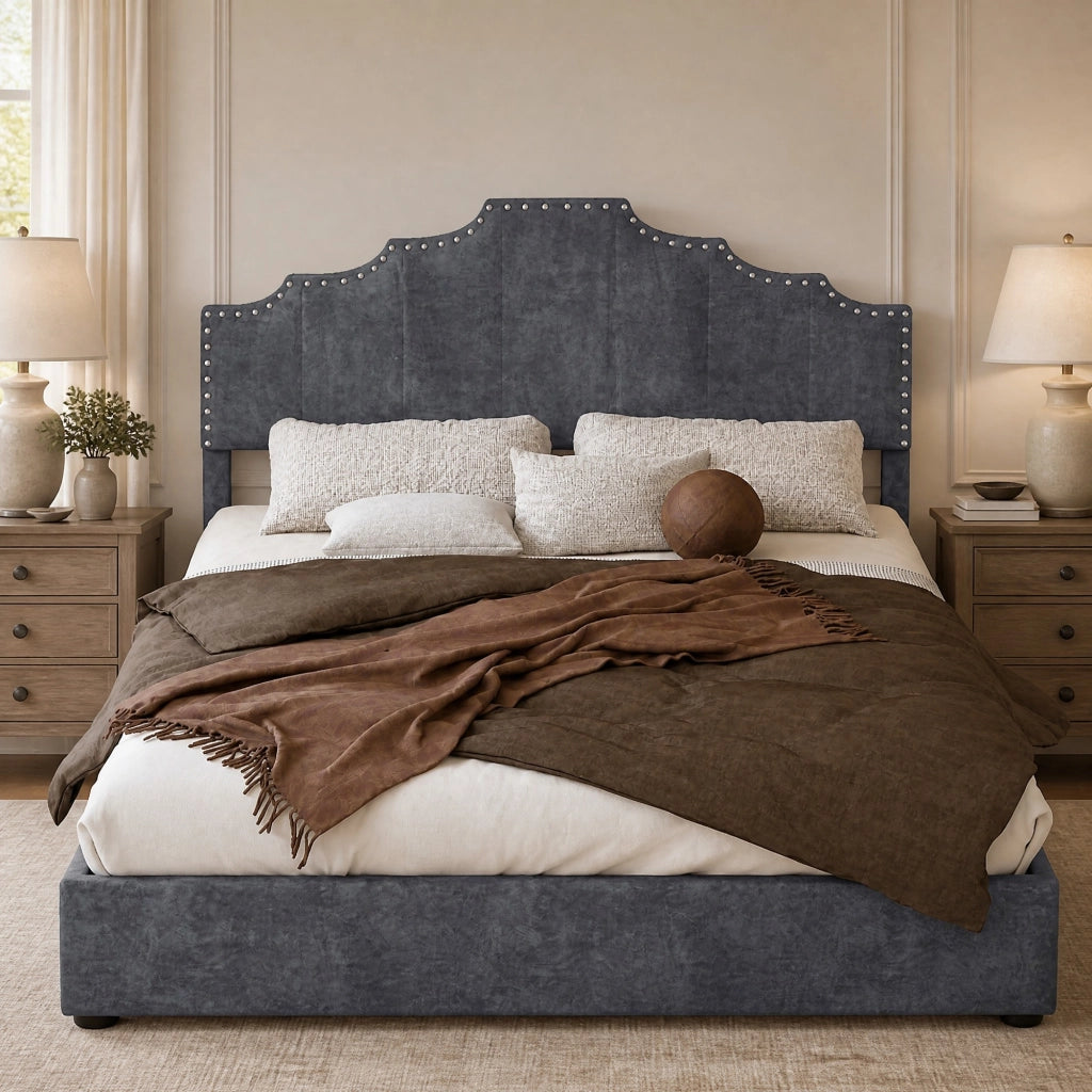 DESMIU Letto 140 × 200 cm 2 posti con testiera geometrica e materasso incluso, in velluto grigio