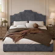 DESMIU Letto 140 × 200 cm 2 posti con testiera geometrica e materasso incluso, in velluto grigio