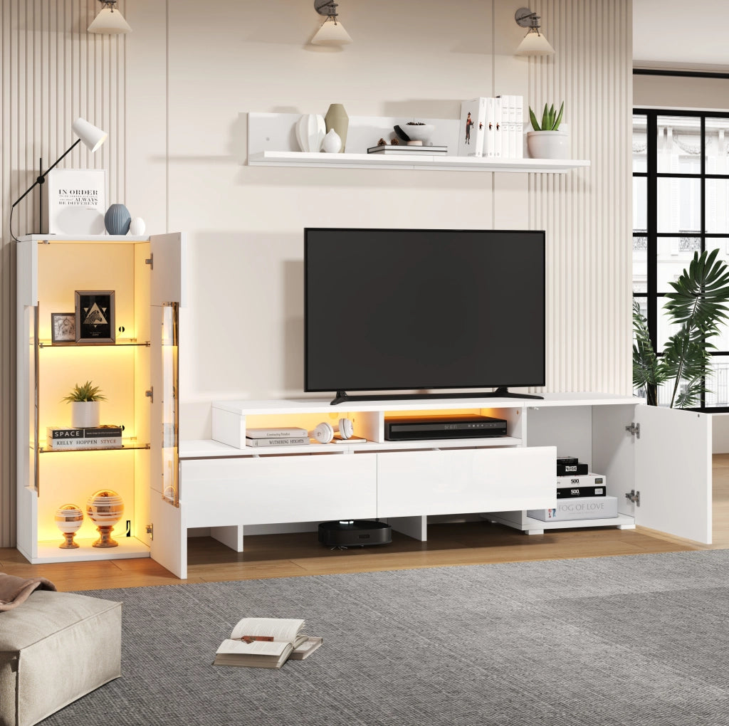 Parete attrezzata TV 3 pezzi bianca con LED, mobile TV 170 cm e pensile